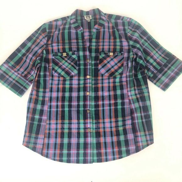 Ann Klein Green Purple Plaid Button Shirt Size S - Picture 1 of 11